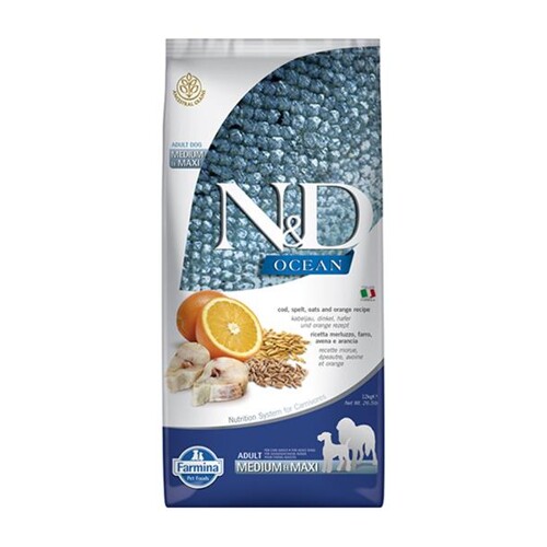 Farmina N&D dog OCEAN (AG) adult medium & maxi, codfish, spelt, oats & orange 12 kg
