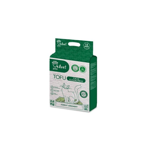 Podstielka pre mačky  Velvet Paw Tofu upokojujúca čistota s esenciou lesnej zelene 6 l