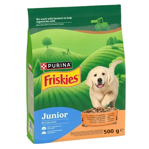 Friskies® Junior s kuraťom a zeleninou s mliekom 500 g