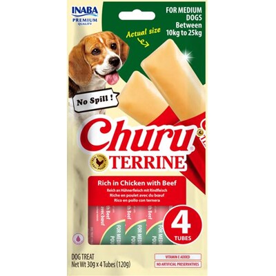 Pamlsok Inaba Churu Terrine dog kura s hovädzím 4 x 30 g